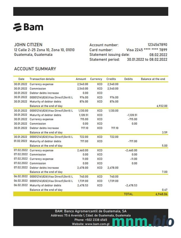 Szablon wyciągu bankowego Republiki Grenady w programie Word i PDF